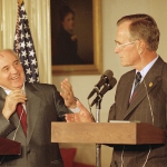 Soviet leader Mikhail Gorbachev and US President George H W Bush in July 1991 / AP
